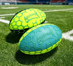 Detail shot of creative fluorescent rugby plush toy featuring honeycomb texture and unique print.