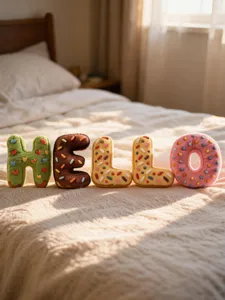 Detailed close-up view of cute donut letter plush pillows spelling hello on a cozy bed.
