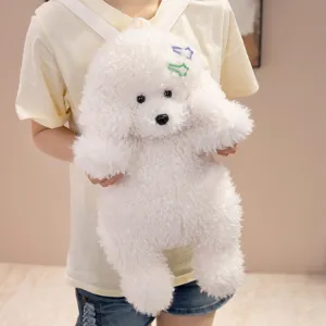 Simpatico zaino in peluche cane barboncino bianco soffice per ragazze, bambola di stoffa morbida borsa.