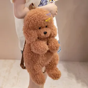 Zaino in peluche barboncino marrone carino per ragazze, borsa per la scuola di animali morbidi.