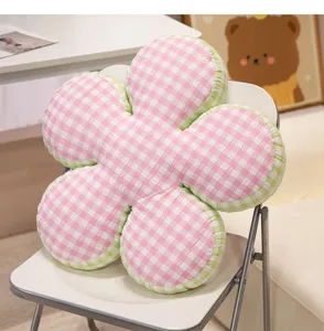 Cute pink plaid flower cushion, soft sunflower pillow for sofa, tatami, and chair decor.