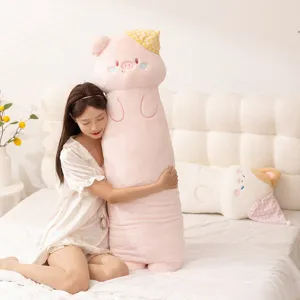 Cute pink pig long plush body pillow, soft stuffed animal sleeping doll for girls and kids.
