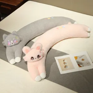 Cute cartoon animal long plush pillow toy, soft grey cat and pink bunny body pillow.