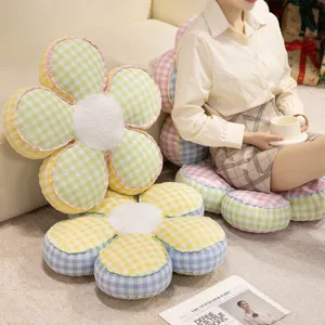 Cute Cartoon Grid Flower Cushion Plush Sunflower Pillow Soft Stuffed Tatami Futon Floor Pillow For Home Sofa Living Room