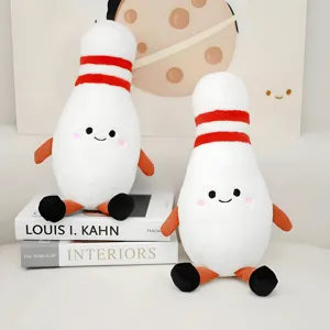Cute bowling pin plush toy with cute smiling face, soft stuffed doll for kids and home decor.