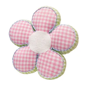 Cute pink gingham flower cushion, soft floral pillow for sofa, tatami and room decoration.