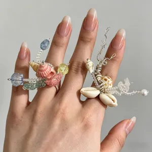 Französischer Elegant Vergoldetes Kupfer Muschel Blume Quaste Ring Handgemachte Perlen Ozean Stil Einstellbar Offen Fingerring Damen Schmuck