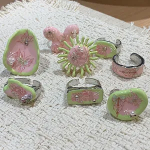Y2K sweet cool pink green enamel ring set handmade butterfly pearl open rings detail