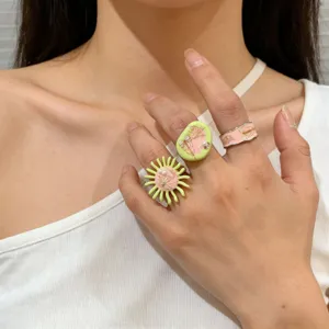 Handmade enamel oil Y2K sweet cool style rings featuring pearl and butterfly details, detailed view.