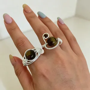 Handmade wire wrapped rings with tiger eye stone beads unique open design fashion jewelry.
