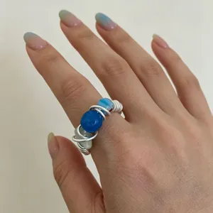 Handmade wire wrapped ring with blue and light green beads for women chic jewelry daily wear