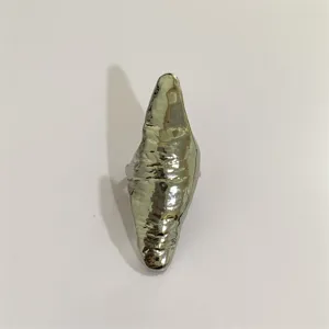 Gedetailleerd overzicht van de onregelmatige metaal gif ring, uniek vinger sieraad.
