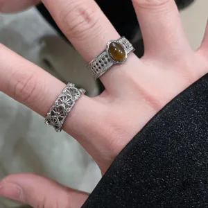 Zilverkleurige holle open ring met bruine steen, vintage kantontwerp vinger sieraden voor vrouwen