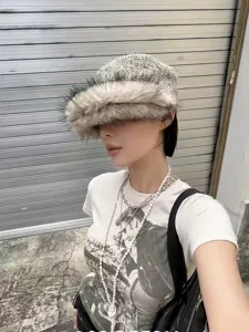Stylish faux fur patchwork wool equestrian hat for women, warm winter fashion flat top cap.