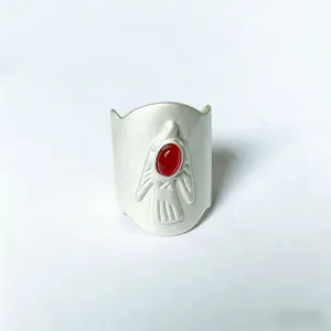 Gedetailleerd uitzicht van een brede zilveren open ring met artistiek palmmotief en rode steen.