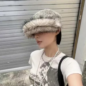 Women Faux Fur Patchwork Woolen Fiddler Hat Winter Warm Navy Style Equestrian Hat Stylish Flat Top Baker Boy Cap