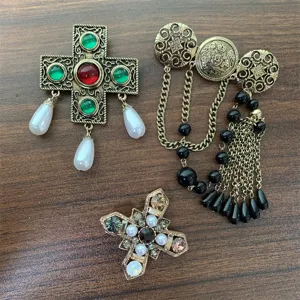 Vintage baroque cross brooch set with crystal rhinestones pearl tassel pins jewelry