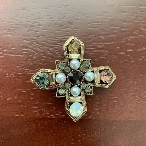 Vintage cross brooch with colorful rhinestones and pearls antique gold metal jewelry piece