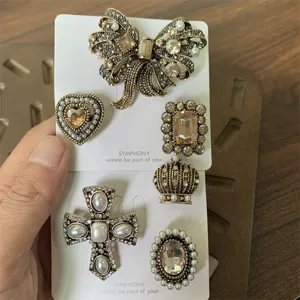 Vintage crystal pearl brooch set baroque bow cross heart pins fashion jewelry accessories