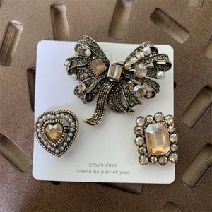 Vintage crystal rhinestone bow heart rectangular brooch pin set elegant jewelry for women