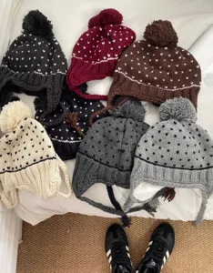 Korean cute pom-pom knit beanie winter warm braided earflap hat multi-color soft cute