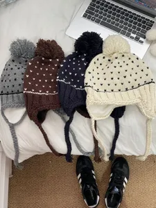 Korean style cute pompom knitted hat thick warm earflap cap winter casual beanie hat