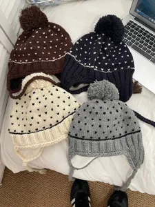 Korean cute pom pom knit hat winter thick warm braided earflap beanie casual versatile