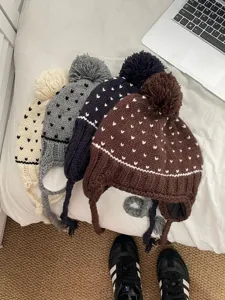 Korean style cute pom-pom winter warm knit beanie with ear flaps and braided drawstrings.