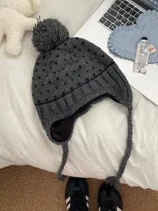Korean style cute pom pom knit beanie winter warm thick braided earflap hat for women