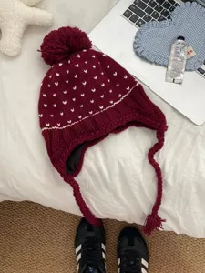 Korean style cute pom-pom knit beanie with earflaps and braids, thick warm winter hat.