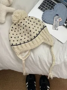Korean cute pom-pom knit hat autumn winter warm earflap braided beanie for women