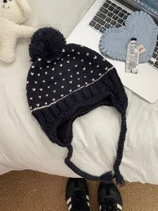 Korean style cute knit pom-pom beanie with braided earflaps and thick fleece lining for winter.