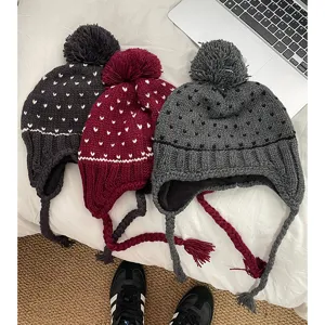 Korean cute pom pom knit hat winter thick warm earflap beanie hat casual stylish