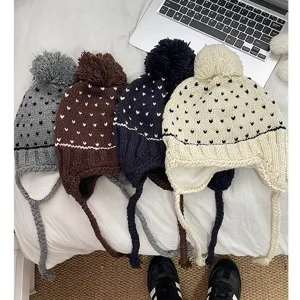 Korean cute pom-pom winter warm braided earflap knitted hat, thick cozy beanie for women.