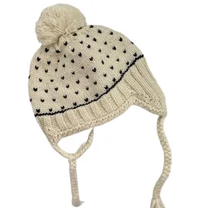 Korean cute pom-pom knitted earflap hat autumn winter warm braided beanie main view product