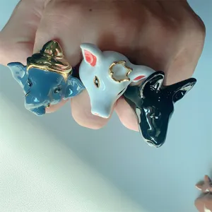 Set di anelli per animali smaltati di design di nicchia con elefante e bulldog.