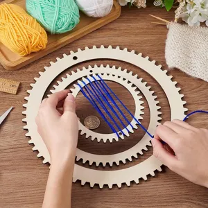 Detail view of DIY wooden round gear weaving tool kit, showing practical knitting craft use.
