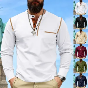American Vintage Men Long Sleeve Henley T-Shirt Contrast Stitching Chest Pocket Casual Outdoor Polyester Top