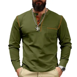 Men vintage color block long sleeve Henley t-shirt casual loose outdoor spring autumn tops