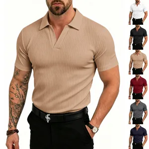 Polo de manga corta de punto acanalado para hombre, diseño con cuello en V verano.