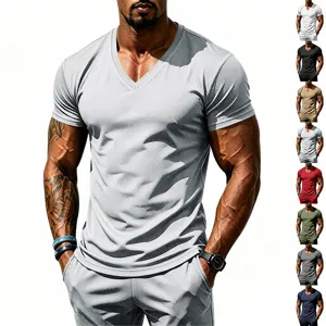 Men's quick-dry sports V-shirt summer breathable mesh fitness short sleeve top and shorts