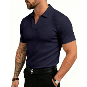 Hombre verano manga corta polo punto acanalado cuello V casual transpirable superior