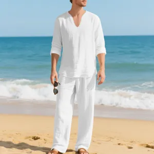 Men's casual linen long sleeve shirt and pants set beach outfit in clean solid white.