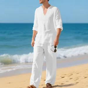 Men's casual linen long sleeve shirt and pants set, beach V-neck design, white color.