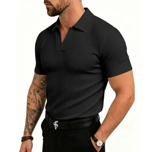 Polo de verano para hombre de manga corta, camiseta casual de punto acanalado con cuello V.