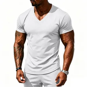 Detail view of mens quick dry V neck sports fitness t shirt showing breathable mesh fabric.