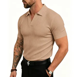 Hombre Verano Casual Punto Acanalado Cuello V Manga Corta Polo Slim Fit Kaki Top