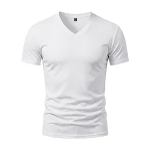 Men's white V-neck sports short sleeve T-shirt, breathable mesh athletic casual top for fitness.