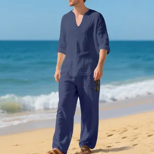 Men casual linen long sleeve shirt and matching pants set outdoor beach scenery detail.