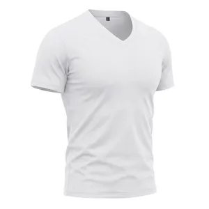 Detail view of men's white V-neck quick-dry short-sleeve athletic t-shirt breathable.